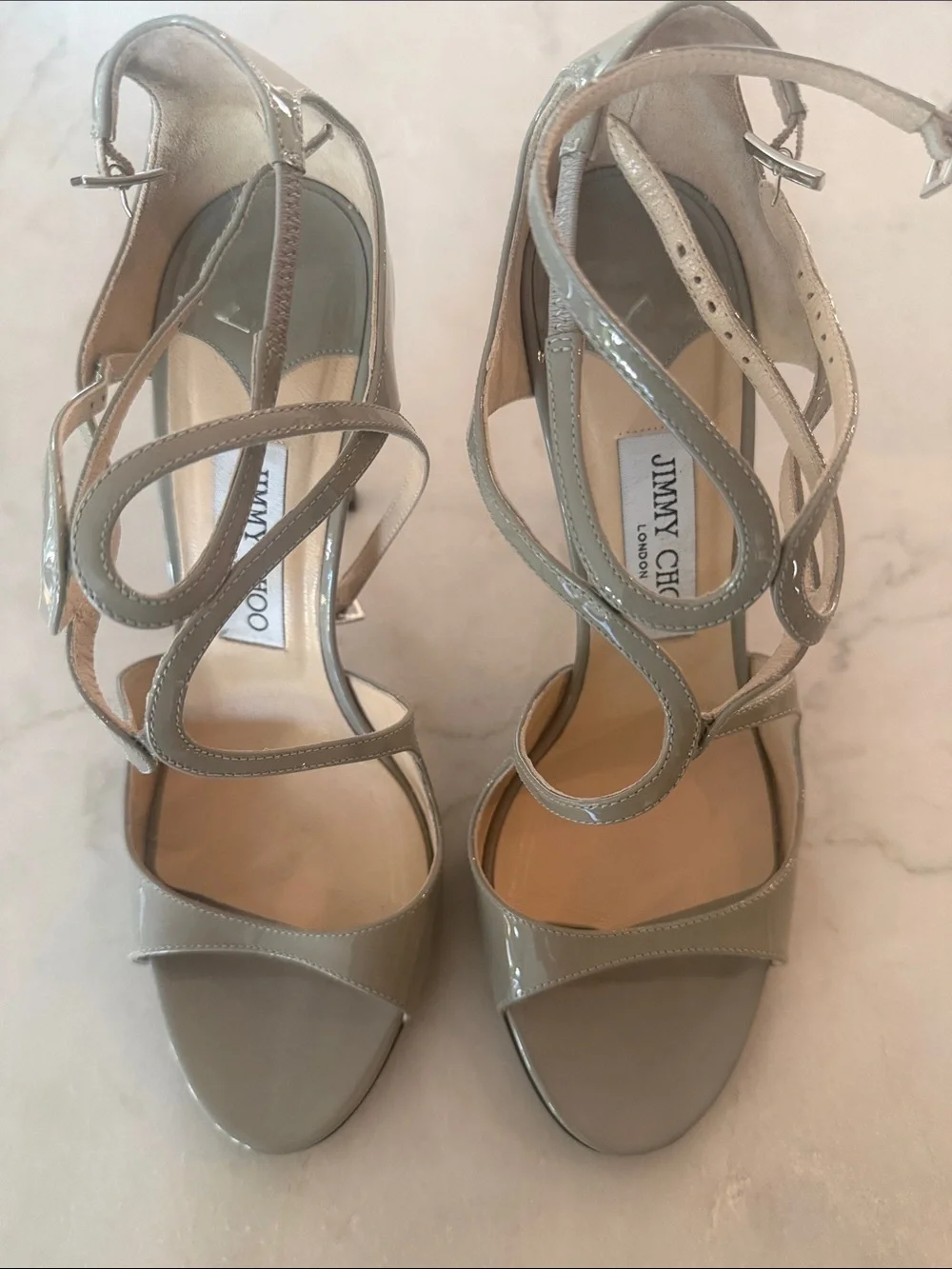 Jimmy Choo Light Grey Patent Leather Strappy Heels
